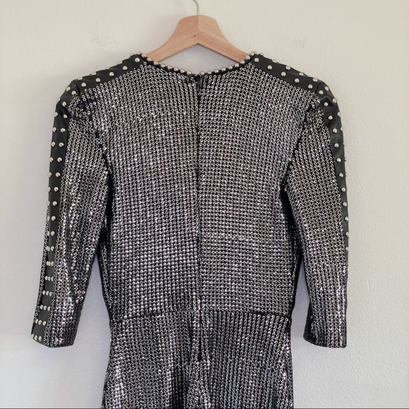 Nadine Merabi Katia Sequin Studded Plunging Mini Dress Silver Black Small - Picture 9 of 16